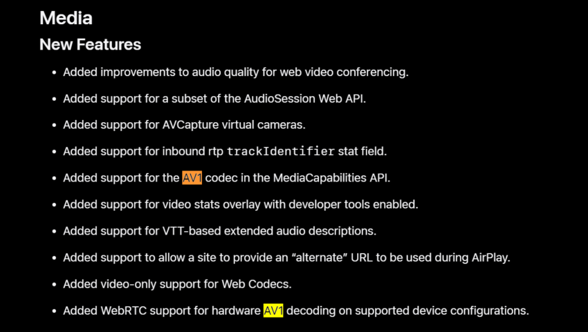 苹果 Safari 浏览器 16.4 Beta 增加支持 AV1 编解码器 API