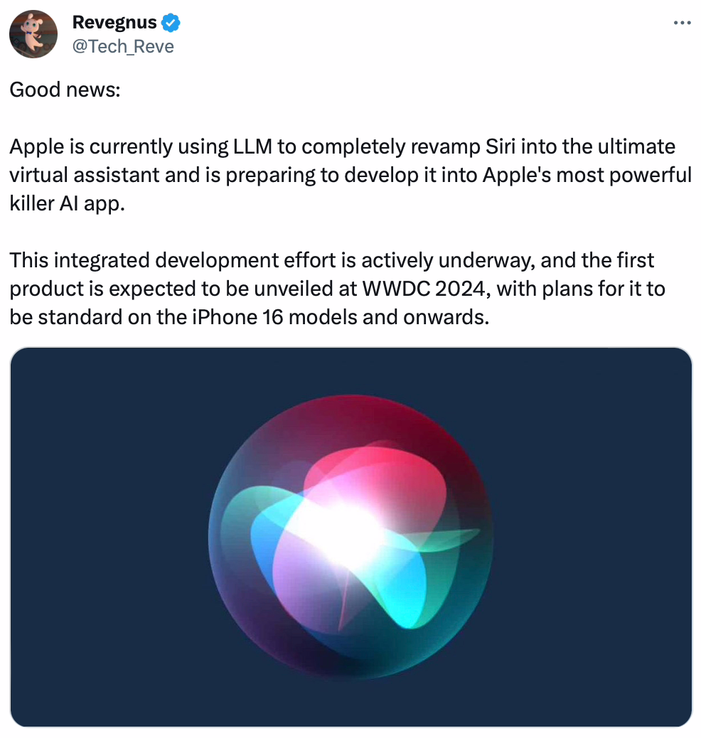消息称苹果使用大语言模型改造 Siri，有望在 iOS 18 中推出